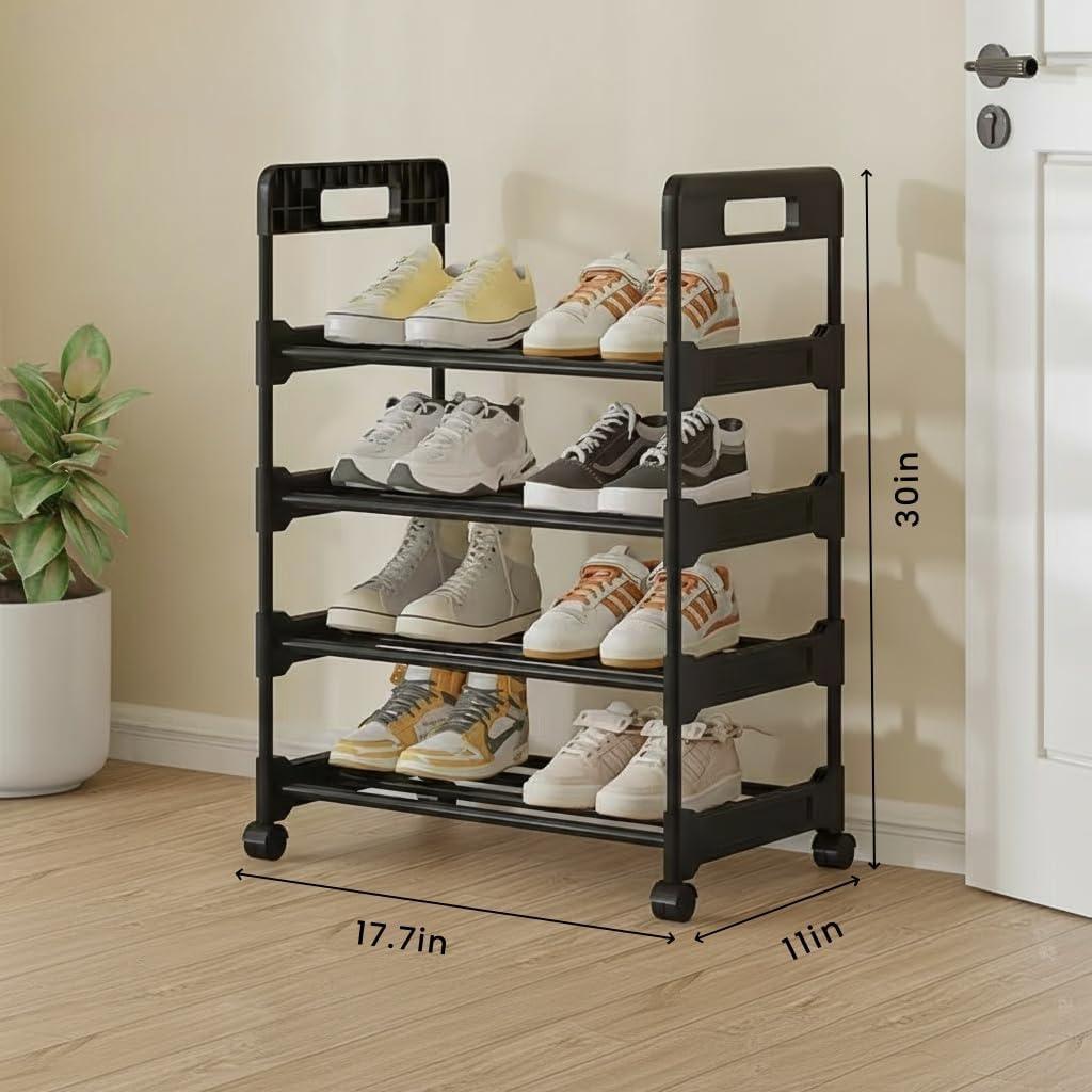 4-Tier Rolling Shoe Rack with Wheels – Space-Saving Shoe Organizer Shelf for Entryway, Bedroom, Living Room